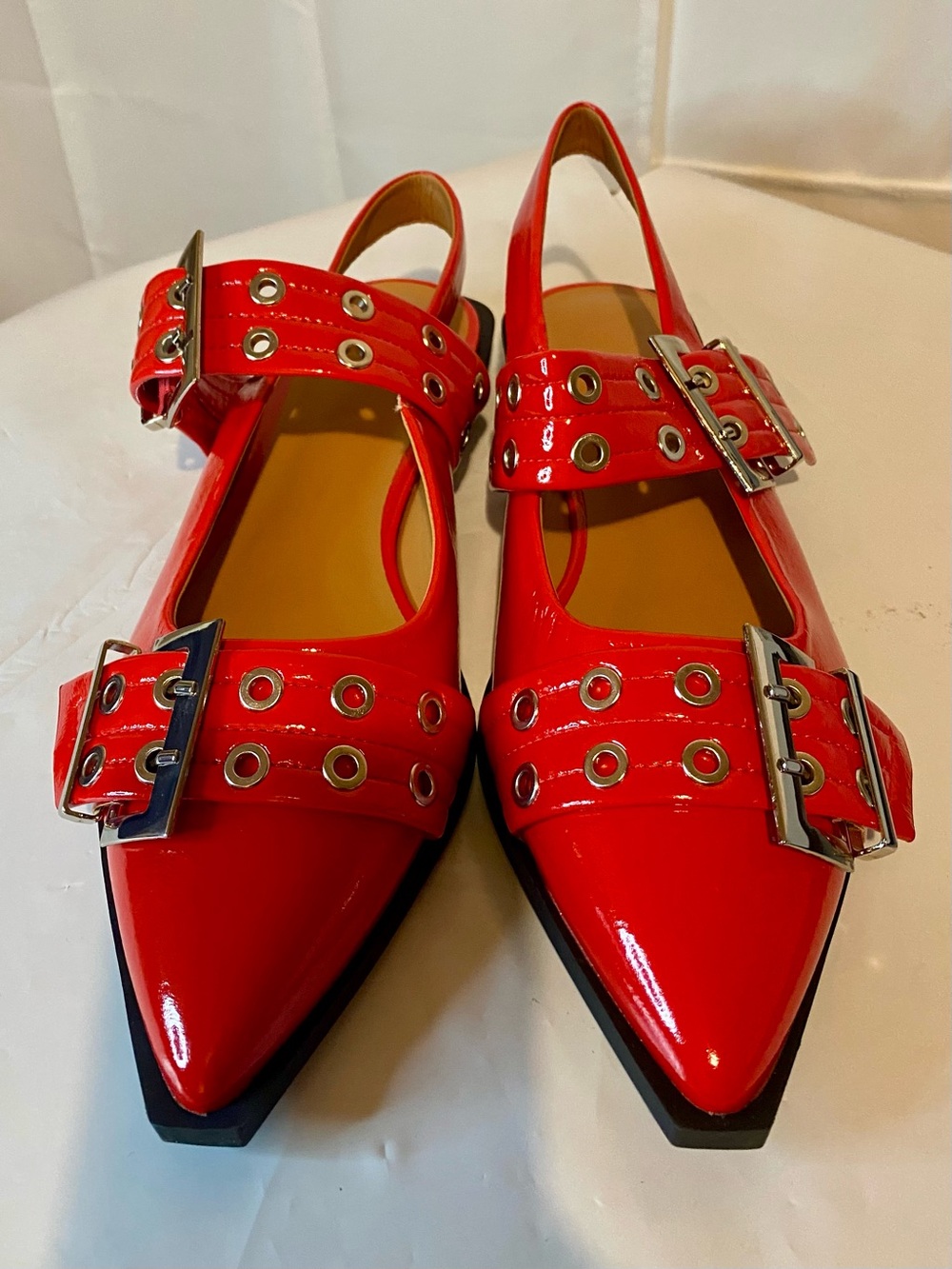 Women’s Patent Red Pointed Slingback Flats with Buckle Straps